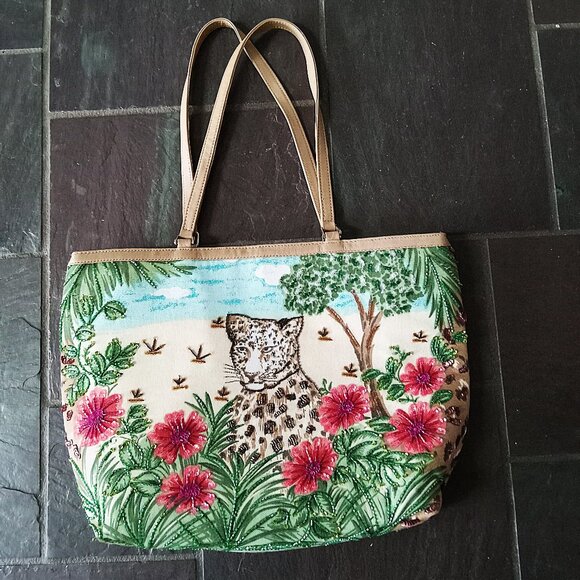 $100 NWT! Exquisite Tote w/Sparkly Flowers & Leopard - Picture 4 of 12